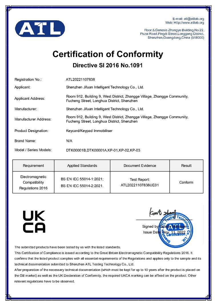 UKCA (EMC) - keypad immobiliser