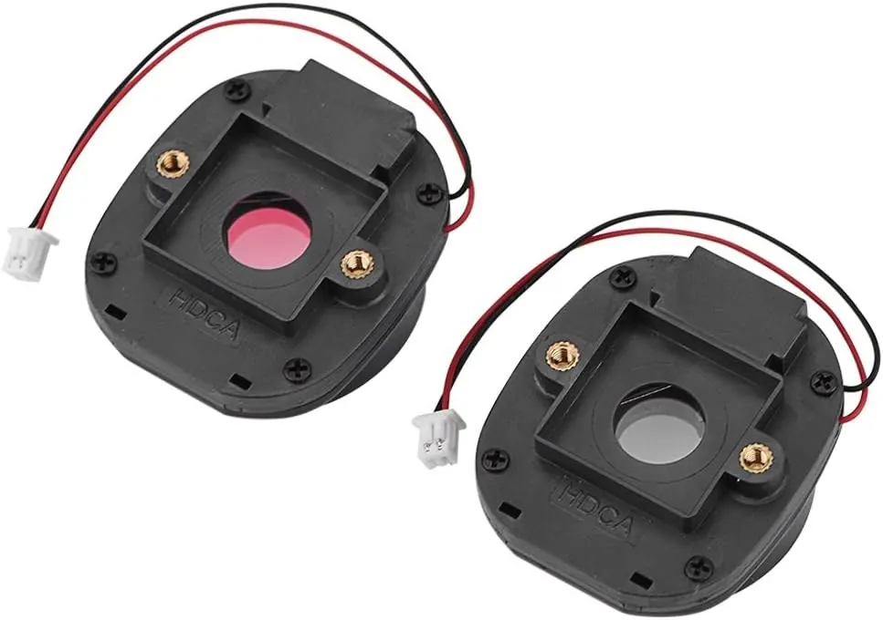 Two IR-CUT filter assemblies: a moulded plastic carrier with two glass plates, a coil at the side and a two-pin lead.